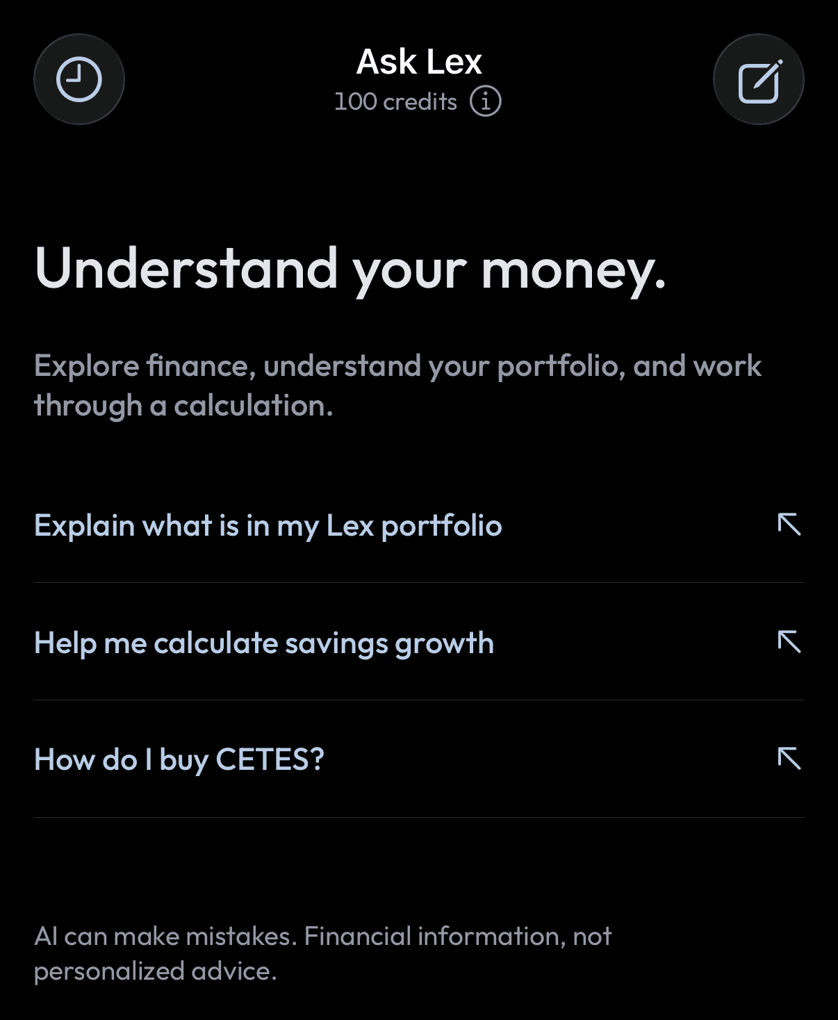 The Ask tab in the Lex iOS app, with the heading “Understand your money” and three suggested questions: explain what is in my Lex portfolio, help me calculate savings growth, and how do I buy CETES.