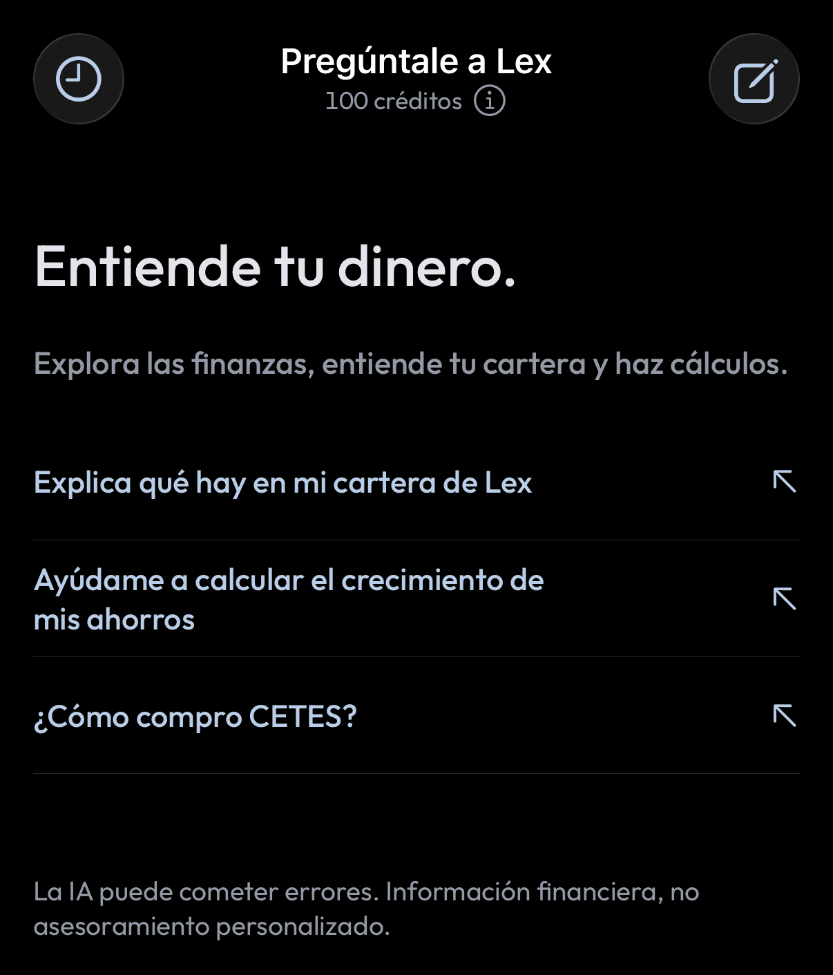 La pestaña Preguntar en la app de Lex para iOS, con el título “Entiende tu dinero” y tres preguntas sugeridas: explica qué hay en mi cartera de Lex, ayúdame a calcular el crecimiento de mis ahorros y cómo compro CETES.