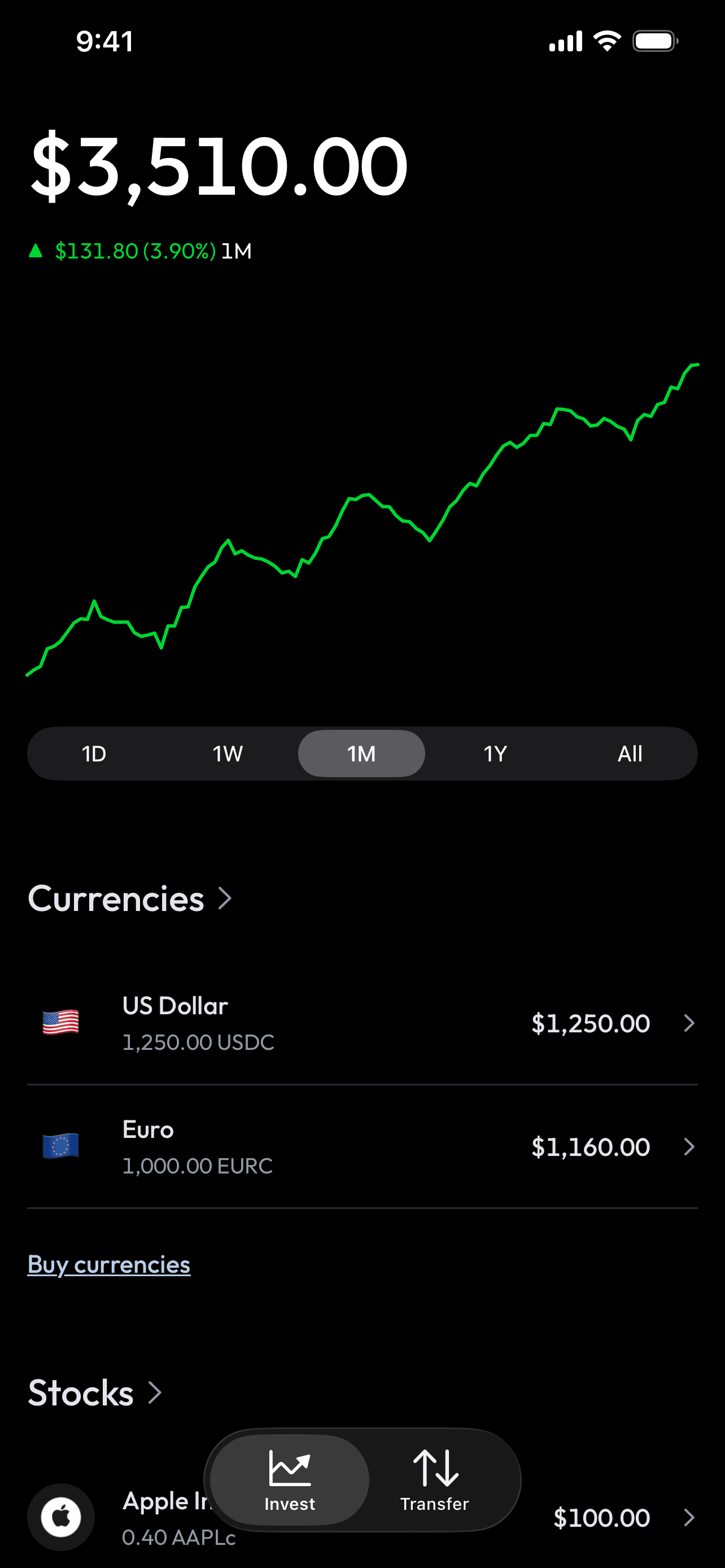 Lex iOS app showing a sample portfolio’s value over one month, with US dollar and euro balances.
