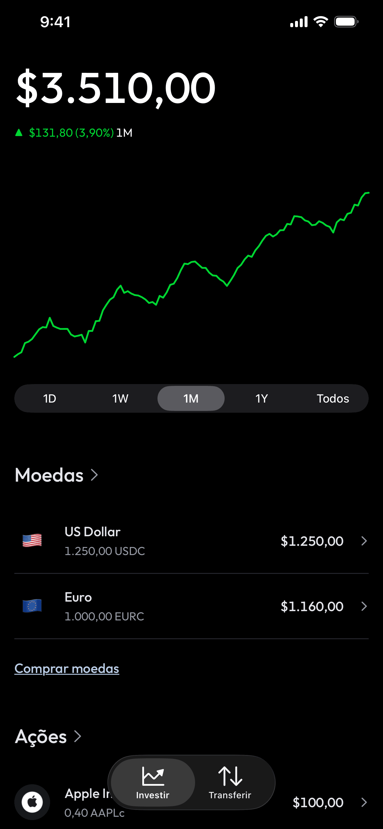 App do Lex para iOS com o valor de uma carteira de exemplo ao longo de um mês, saldos em dólar e euro e uma posição em uma ação tokenizada da Apple.