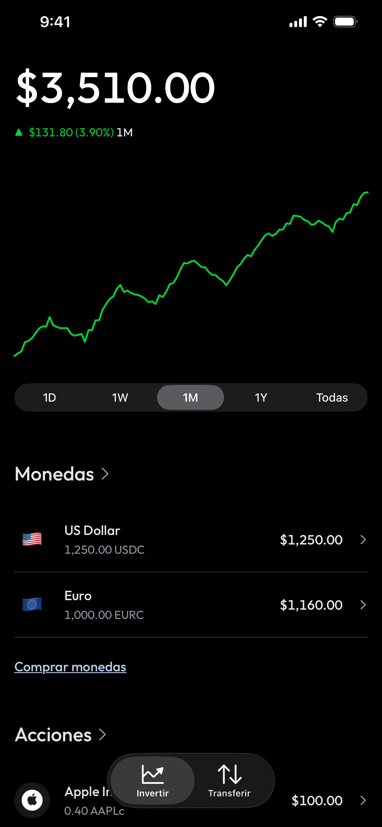 App de Lex para iOS con el valor de un portafolio de ejemplo durante un mes, saldos en dólares y euros, y una posición en una acción tokenizada de Apple.
