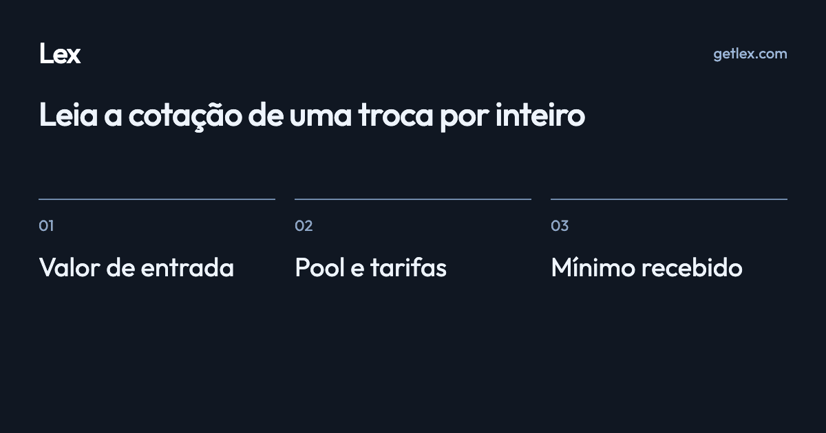 Leia a cotação de uma troca por inteiro: Valor de entrada · Pool e tarifas · Mínimo recebido