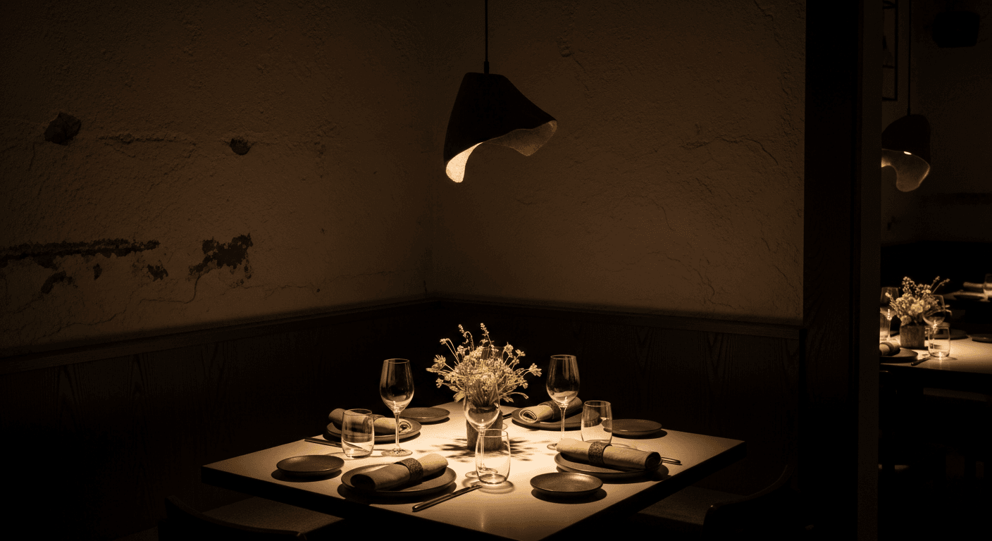 Una mesa lista en un restaurante al atardecer